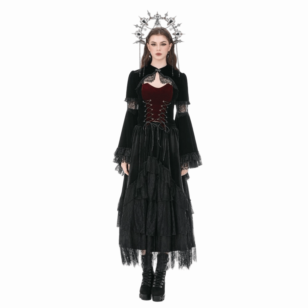 Mantella in velluto gotica da donna con inserti in pizzo e maniche a campana di Darkinlove