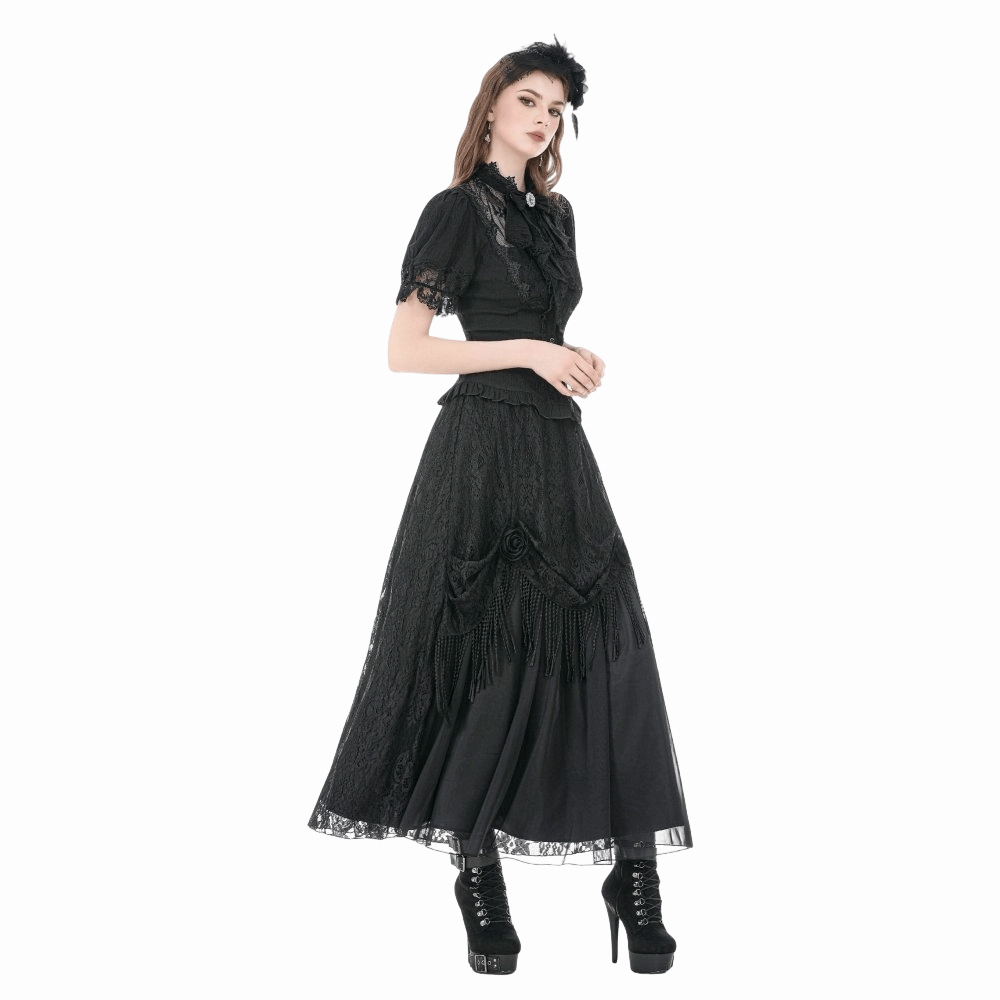 Darkinlove Women's Gothic Lace Splice Lace-up Shirt with Detachable Bowknot