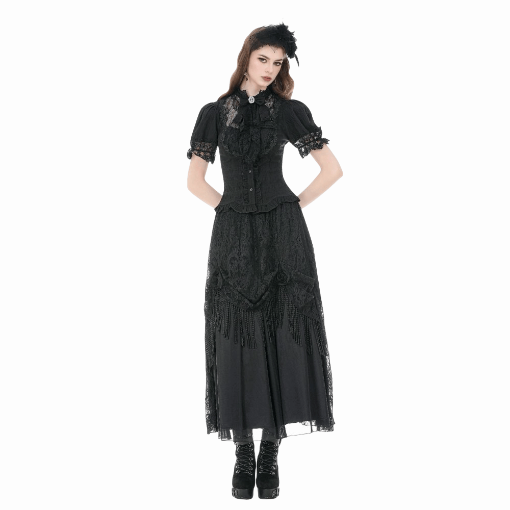 Darkinlove Women's Gothic Lace Splice Lace-up Shirt with Detachable Bowknot