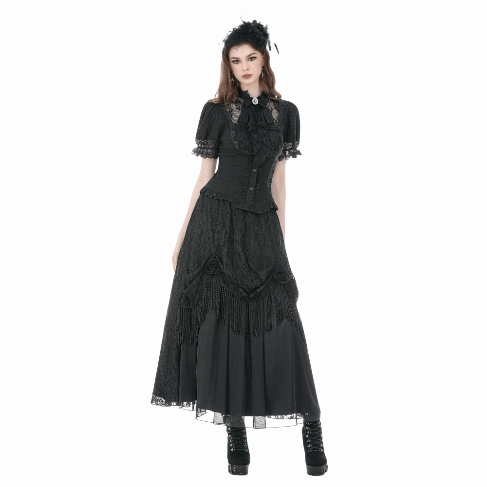 Darkinlove Women's Gothic Lace Splice Lace-up Shirt with Detachable Bowknot