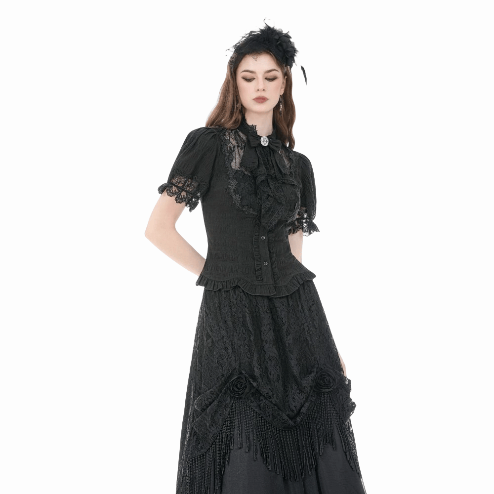 Darkinlove Women's Gothic Lace Splice Lace-up Shirt with Detachable Bowknot
