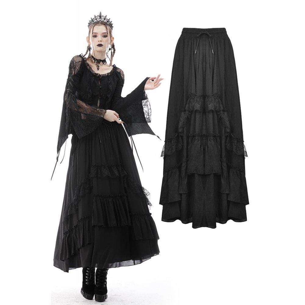 Darkinlove Women's Gothic Lace Splice Layered Chiffon Skirt