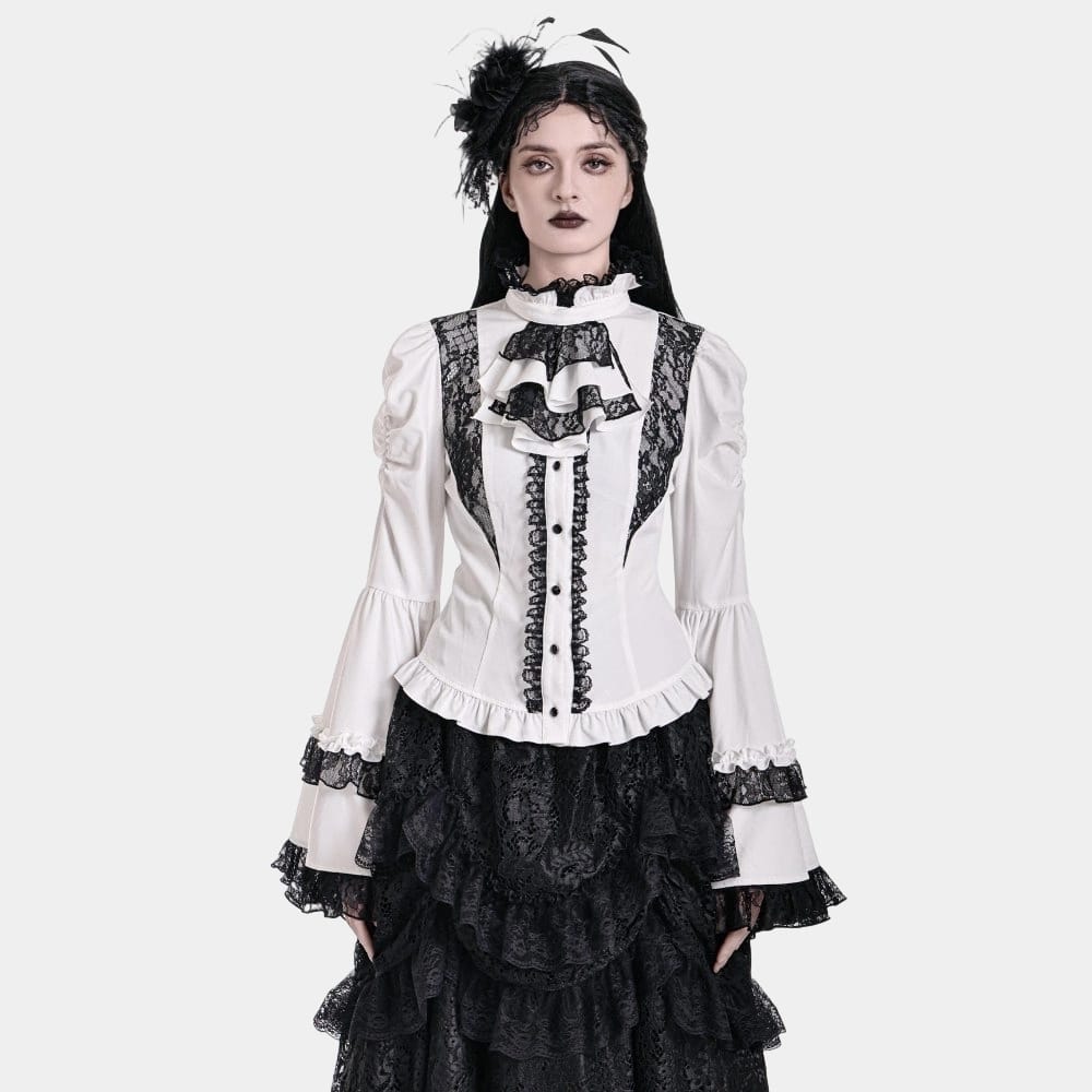 Darkinlove Women's Gothic Lace Splice Ruffle Contrast Color Bell Sleeve Blouse with Detachable Neck Tie