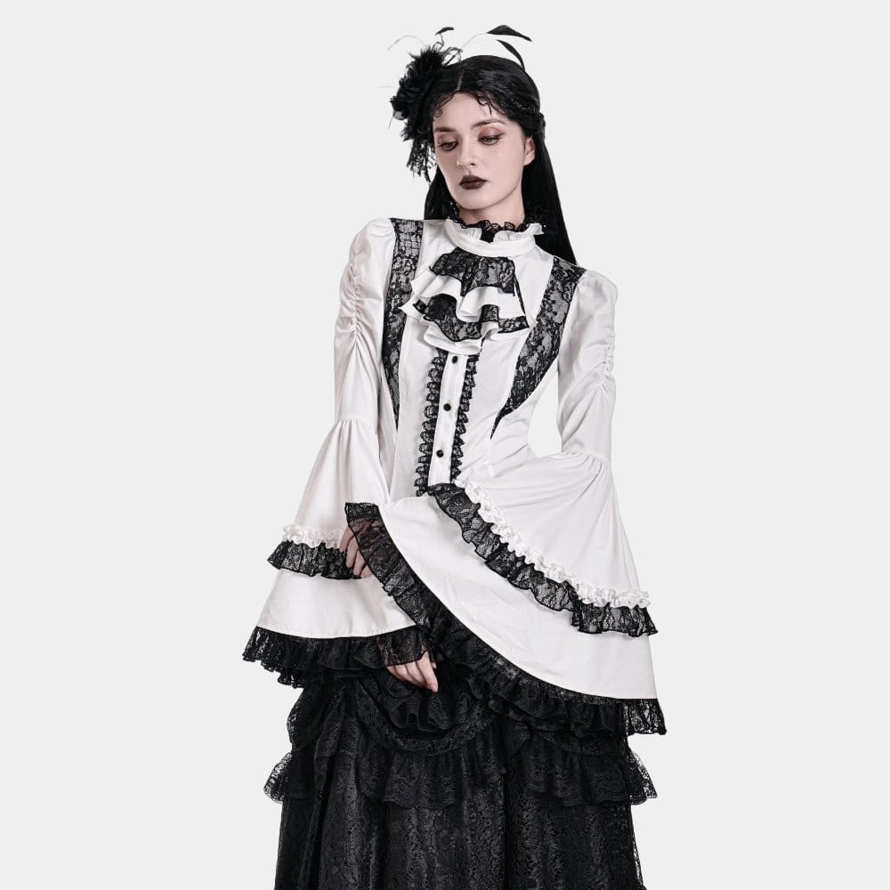 Darkinlove Women's Gothic Lace Splice Ruffle Contrast Color Bell Sleeve Blouse with Detachable Neck Tie