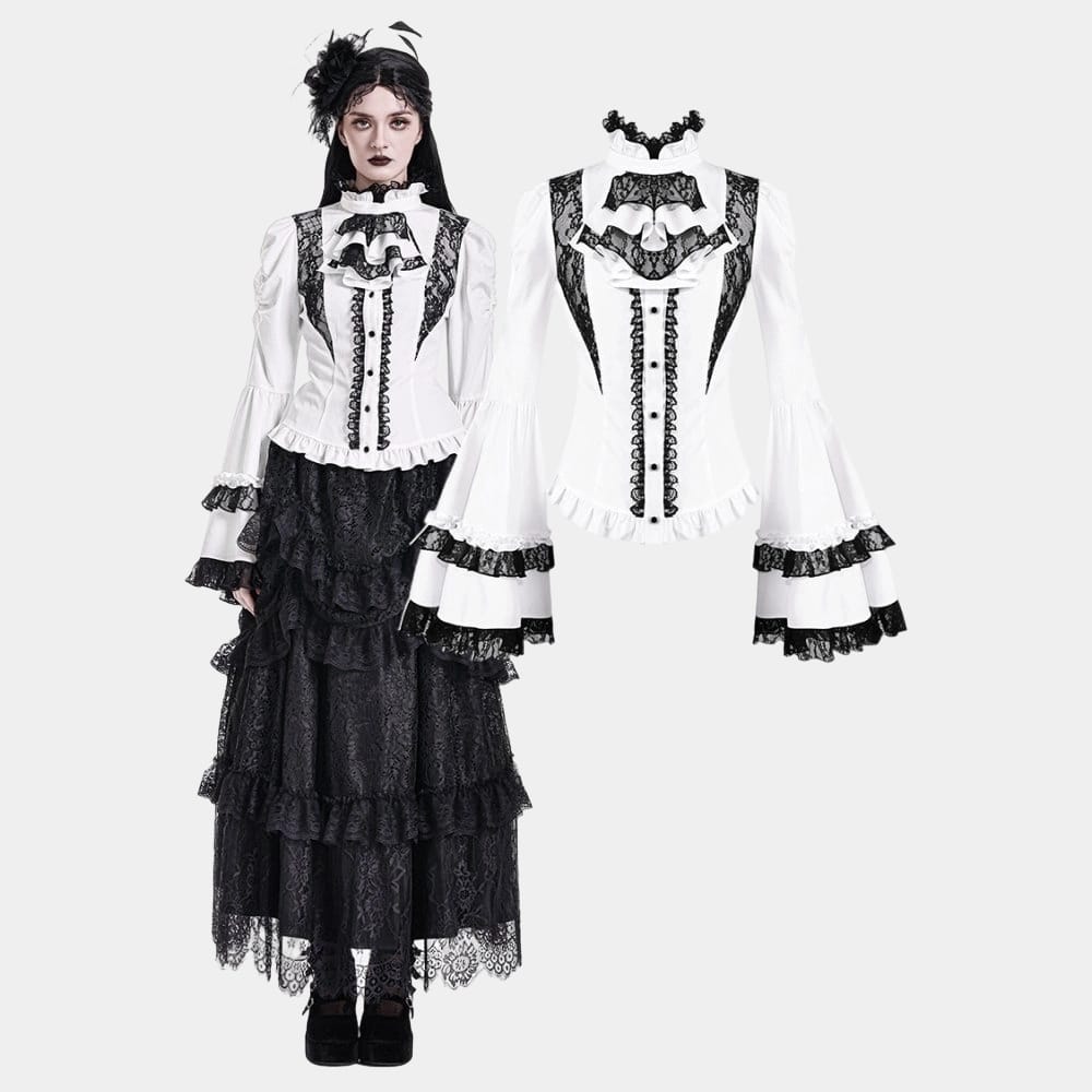 Darkinlove Women's Gothic Lace Splice Ruffle Contrast Color Bell Sleeve Blouse with Detachable Neck Tie