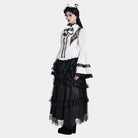 Darkinlove Women's Gothic Lace Splice Ruffle Contrast Color Bell Sleeve Blouse with Detachable Neck Tie