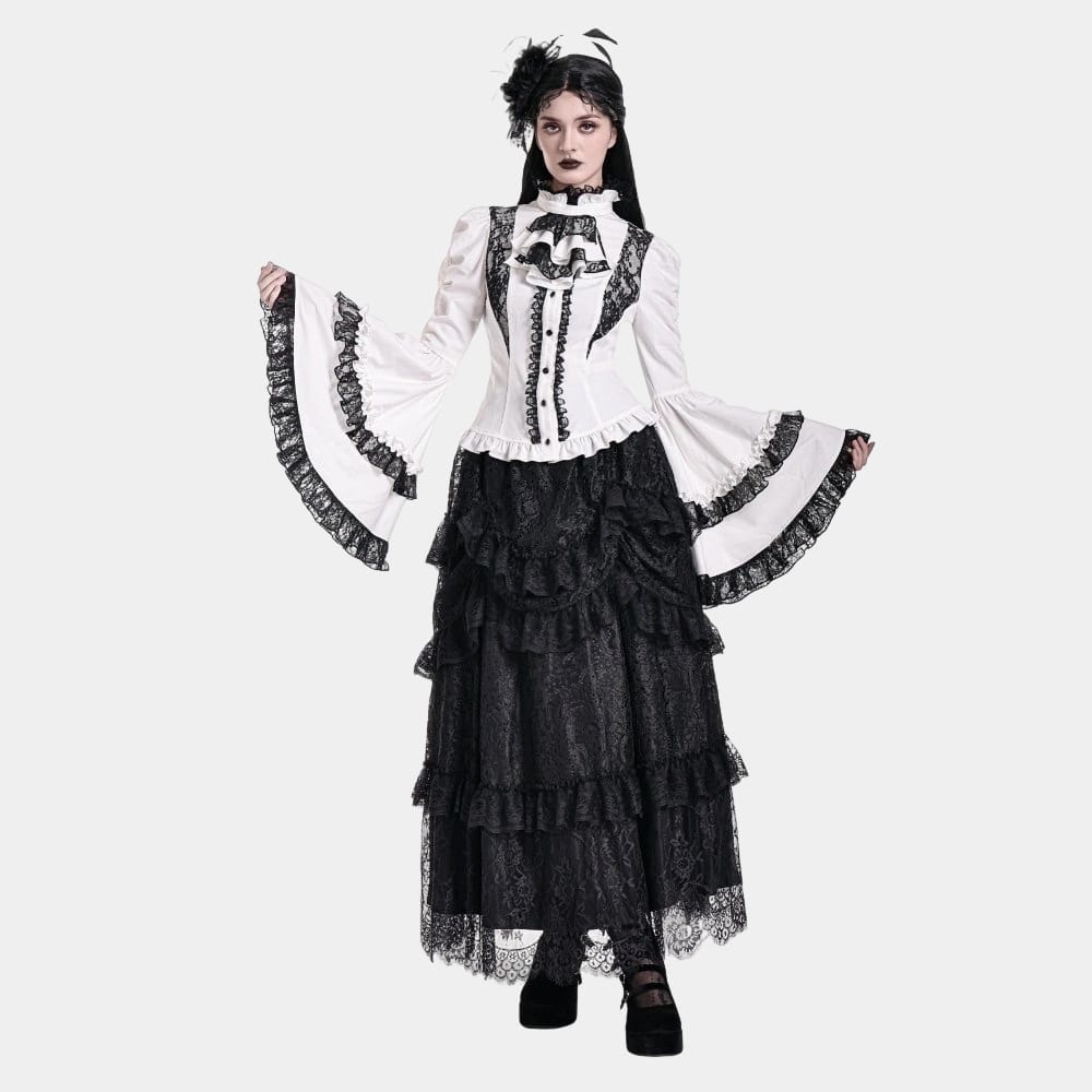 Darkinlove Women's Gothic Lace Splice Ruffle Contrast Color Bell Sleeve Blouse with Detachable Neck Tie