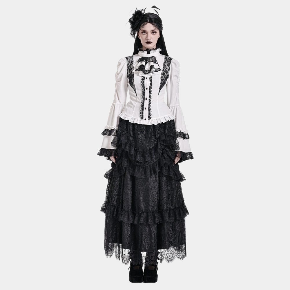 Darkinlove Women's Gothic Lace Splice Ruffle Contrast Color Bell Sleeve Blouse with Detachable Neck Tie
