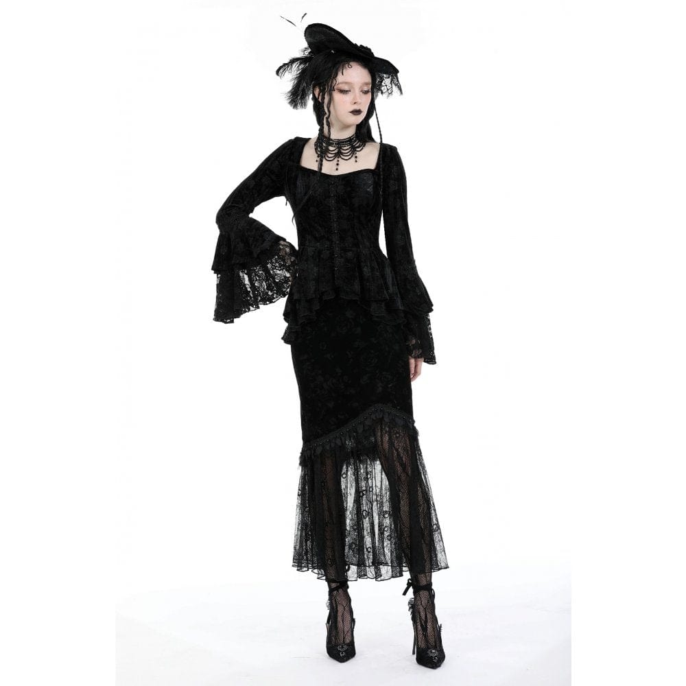 Darkinlove Women's Gothic Lace Splice Velvet Fishtail Skirt