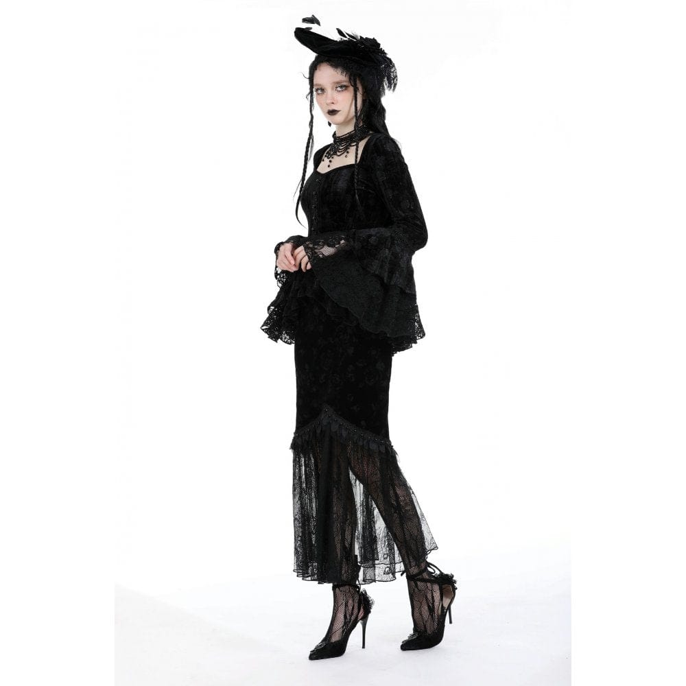 Darkinlove Women's Gothic Lace Splice Velvet Fishtail Skirt