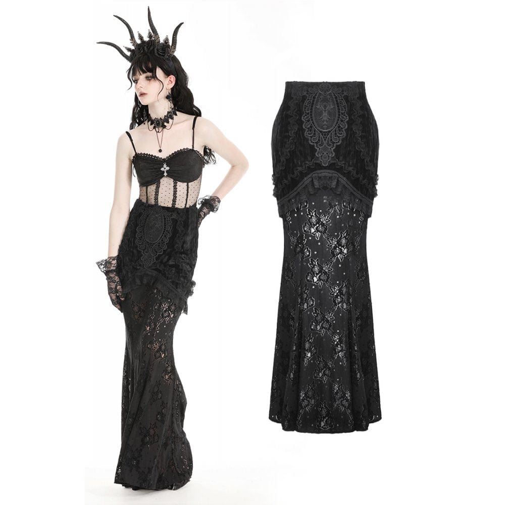 Darkinlove Women's Gothic Lace Splice Velvet Fishtailed Skirt