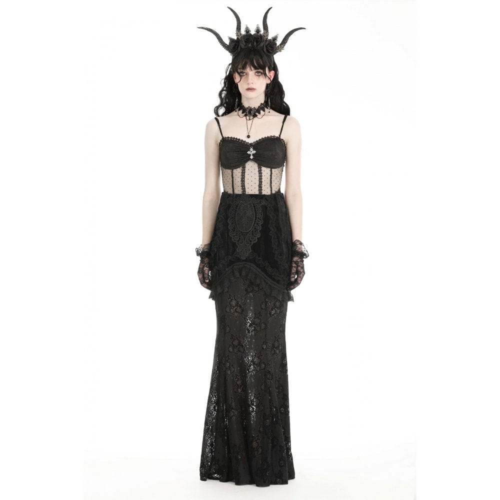 Darkinlove Women's Gothic Lace Splice Velvet Fishtailed Skirt