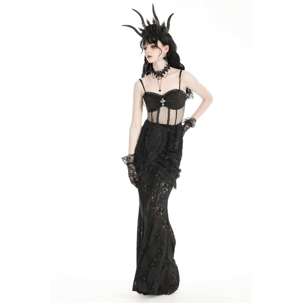 Darkinlove Women's Gothic Lace Splice Velvet Fishtailed Skirt