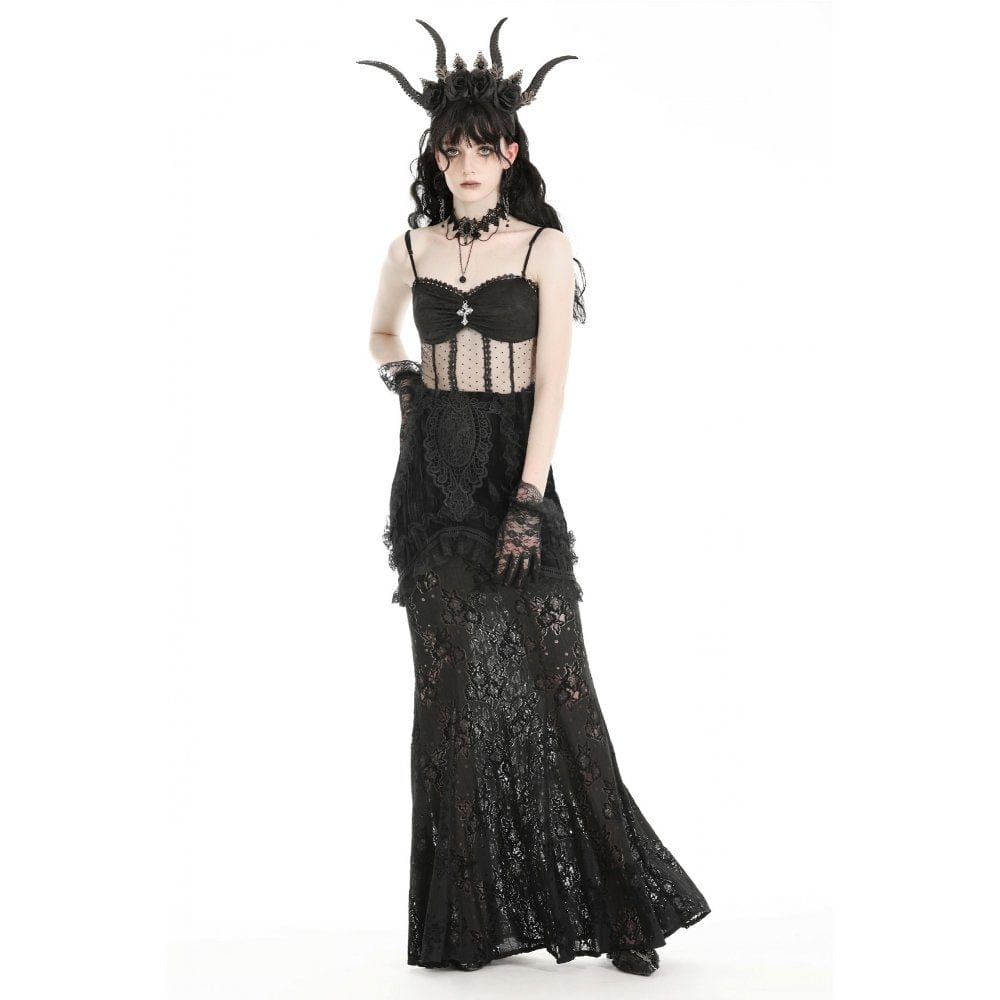 Darkinlove Women's Gothic Lace Splice Velvet Fishtailed Skirt