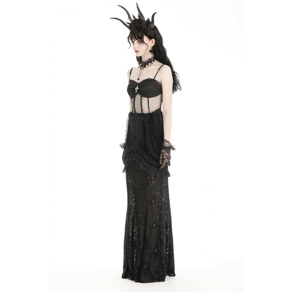 Darkinlove Women's Gothic Lace Splice Velvet Fishtailed Skirt