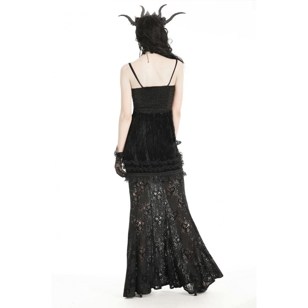 Darkinlove Women's Gothic Lace Splice Velvet Fishtailed Skirt