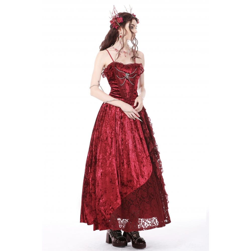 Darkinlove Women's Gothic Lace Splice Velvet Slip Dress