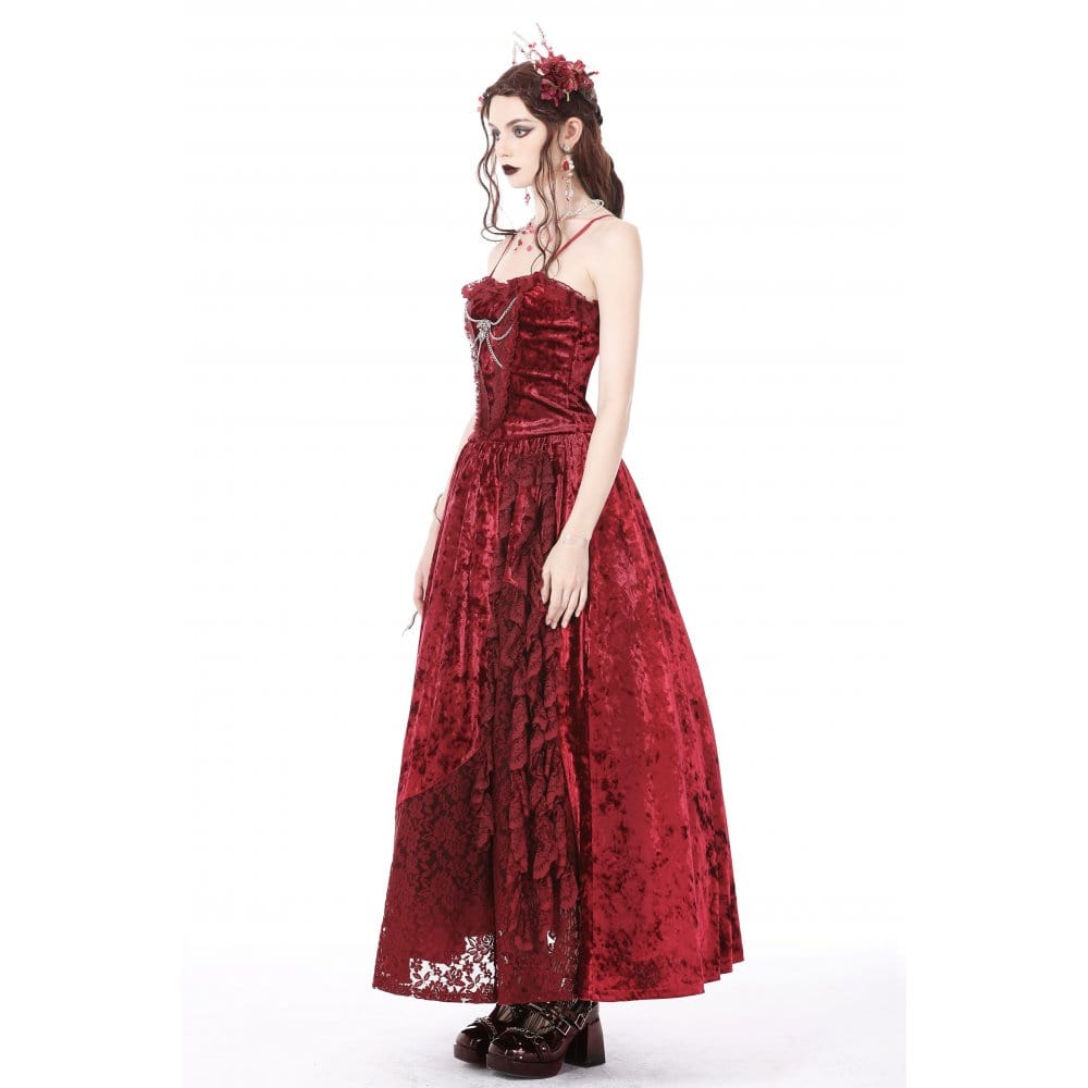 Darkinlove Women's Gothic Lace Splice Velvet Slip Dress