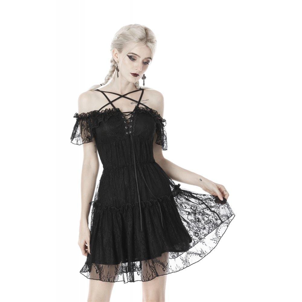 Darkinlove Women's Gothic Lace Star-line Chest Short Sleeved Lace Dresses