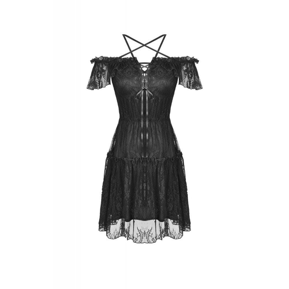 Darkinlove Women's Gothic Lace Star-line Chest Short Sleeved Lace Dresses
