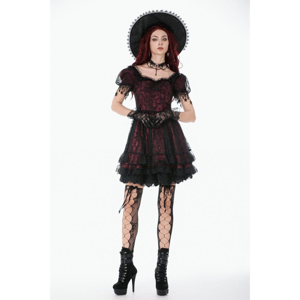 Darkinlove Women's Gothic Lace Star Square-cut Collar Short Sleeved Dress