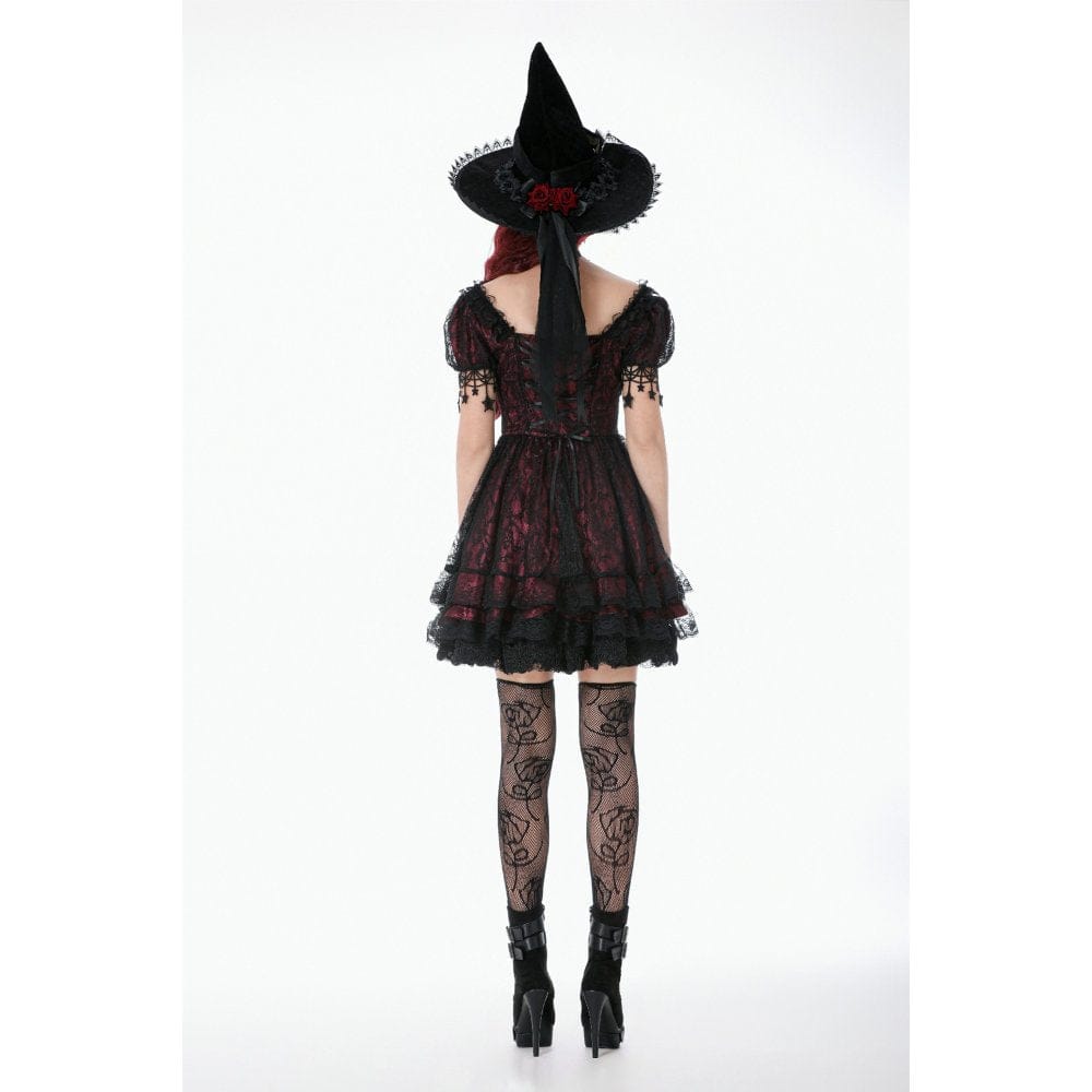 Darkinlove Women's Gothic Lace Star Square-cut Collar Short Sleeved Dress