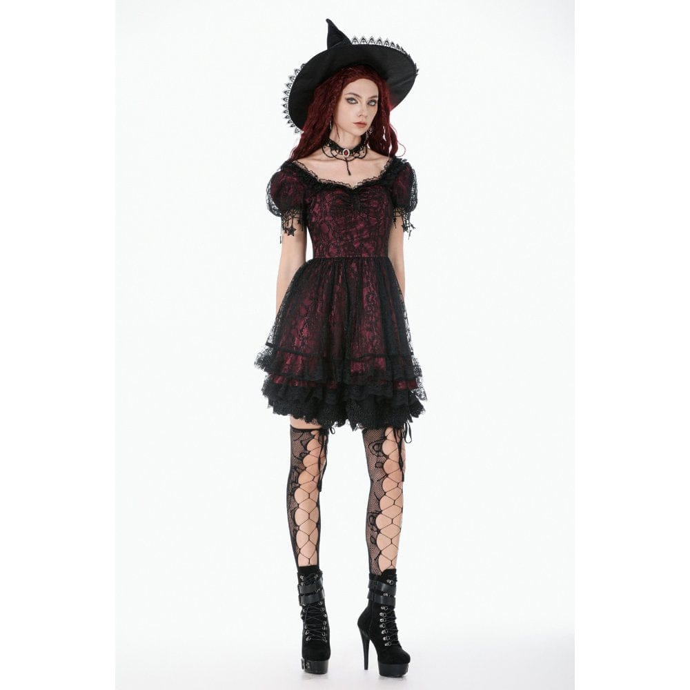Darkinlove Women's Gothic Lace Star Square-cut Collar Short Sleeved Dress