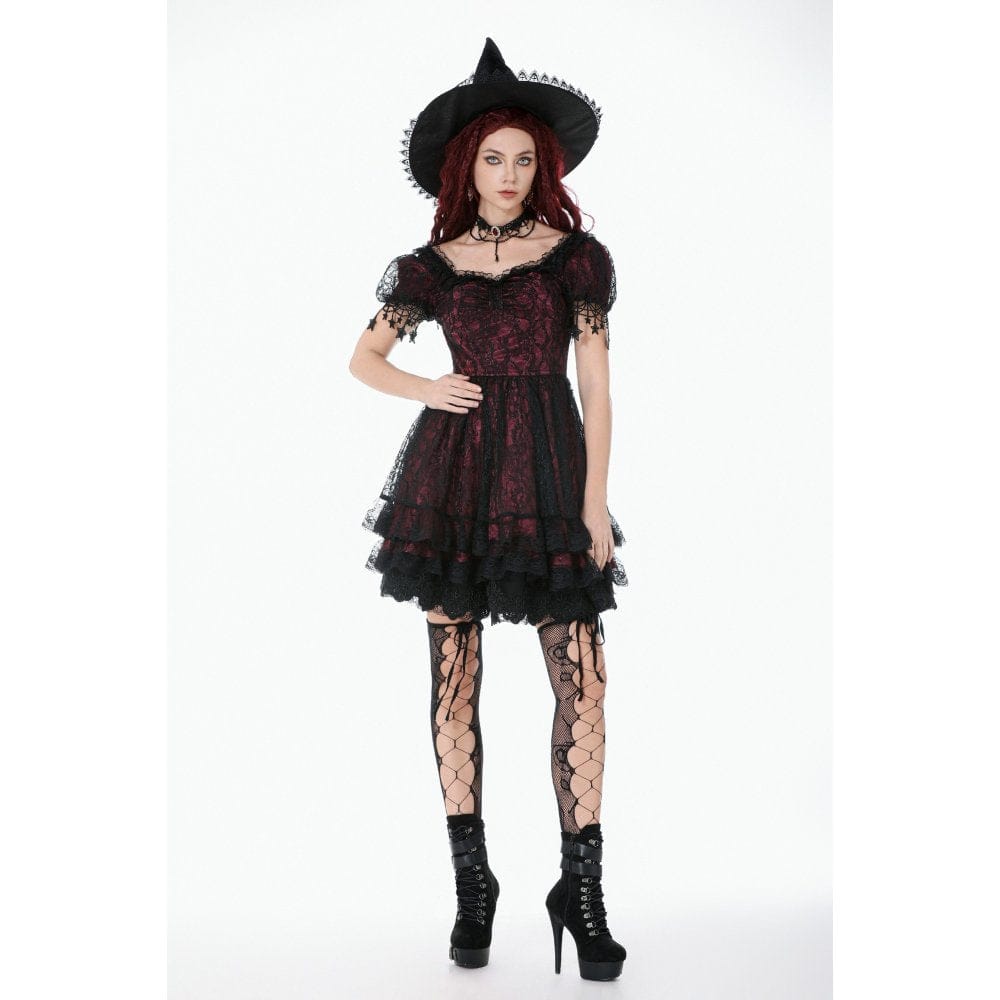 Darkinlove Women's Gothic Lace Star Square-cut Collar Short Sleeved Dress