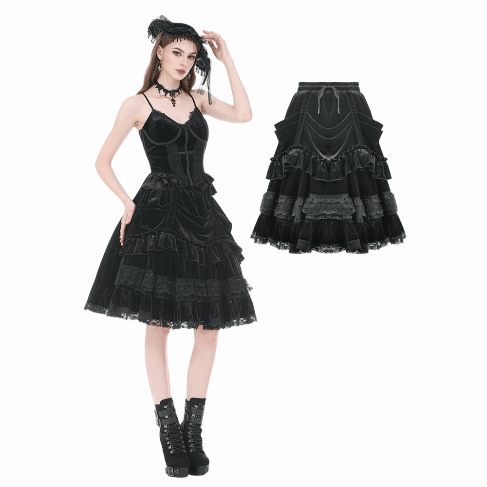 Darkinlove Women's Gothic Lace Trims Ruffled Layered Velvet Skirt