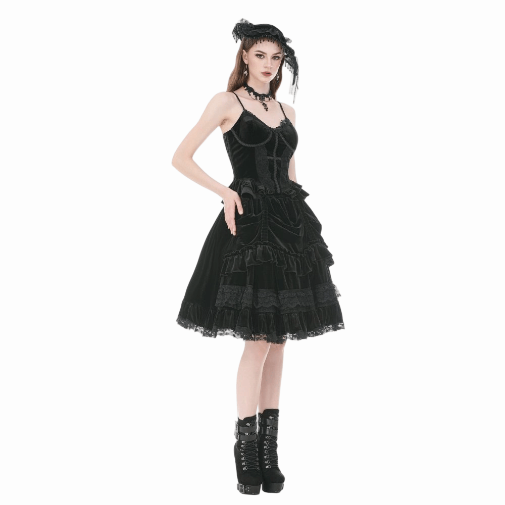 Darkinlove Women's Gothic Lace Trims Ruffled Layered Velvet Skirt