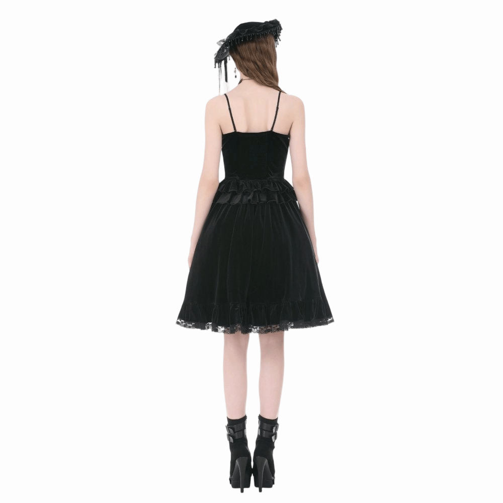 Darkinlove Women's Gothic Lace Trims Ruffled Layered Velvet Skirt