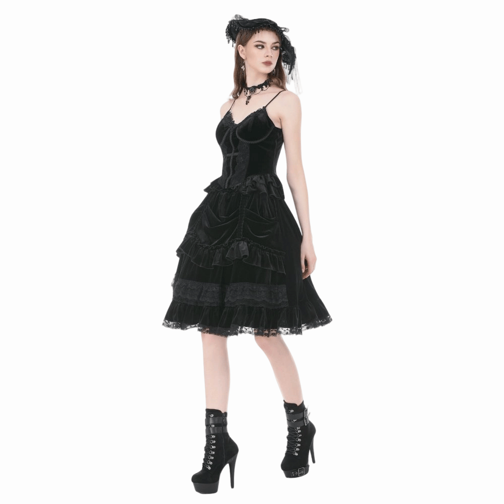 Darkinlove Women's Gothic Lace Trims Ruffled Layered Velvet Skirt