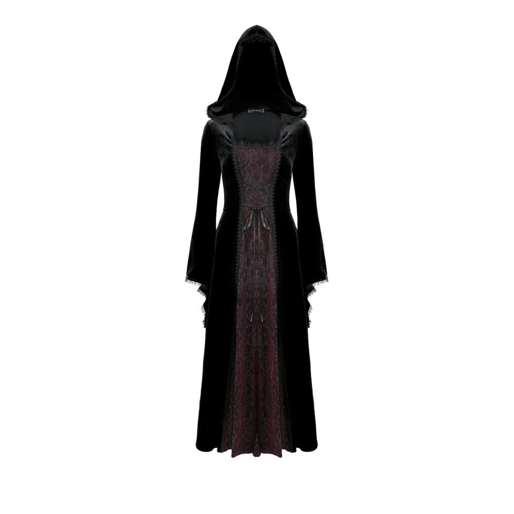 Darkinlove Women's Gothic Lace-up Colorblock Hooded Maxi Dress