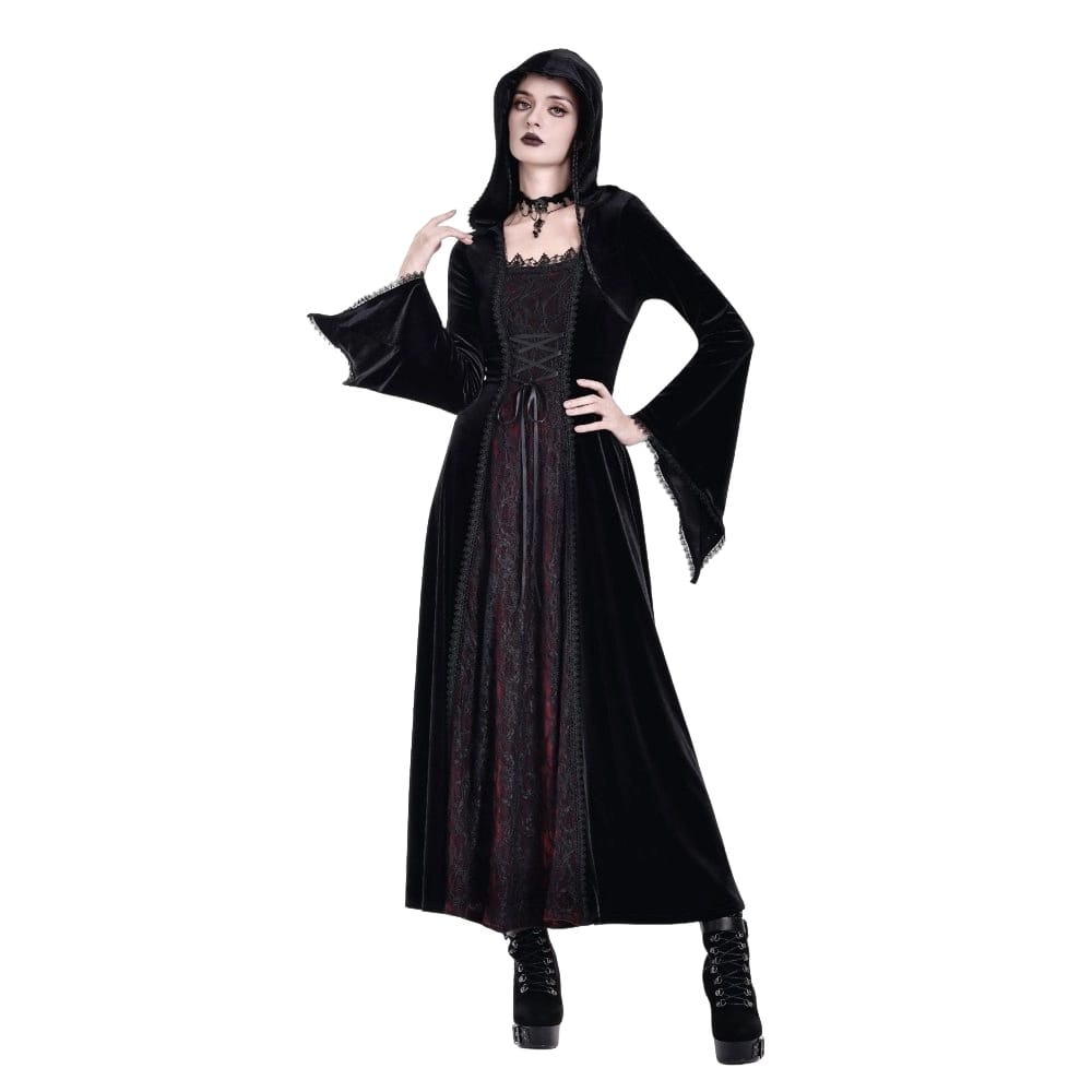Darkinlove Women's Gothic Lace-up Colorblock Hooded Maxi Dress