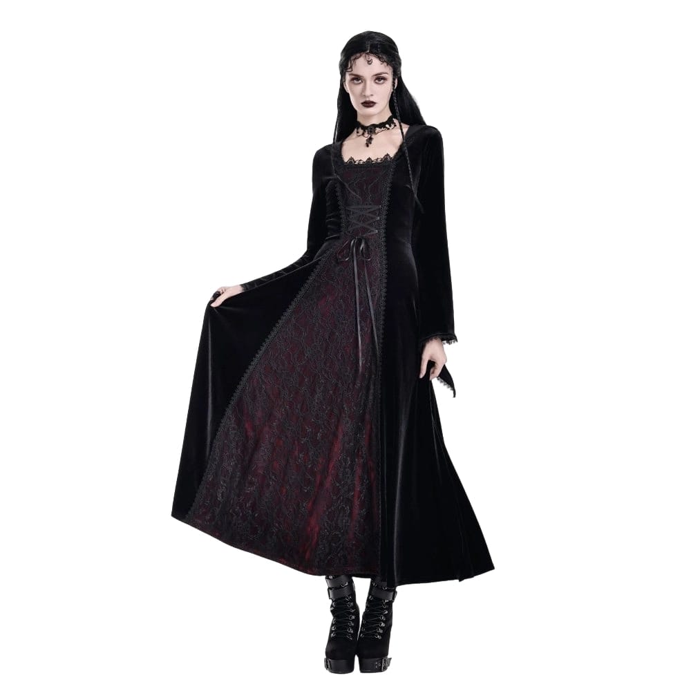 Darkinlove Women's Gothic Lace-up Colorblock Hooded Maxi Dress