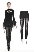Darkinlove Damen Gothic Leggings mit Schnürung und Blumen-Ausschnitt