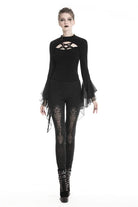 Darkinlove Damen Gothic Leggings mit Schnürung und Blumen-Ausschnitt