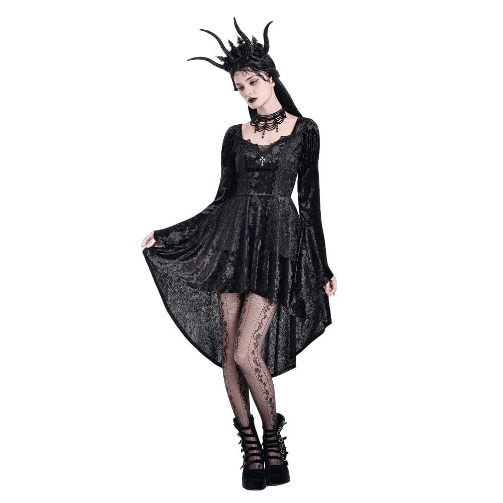 Darkinlove Women's Gothic Lace-up High/Low Hem Puff Flare Sleeve Short Dress