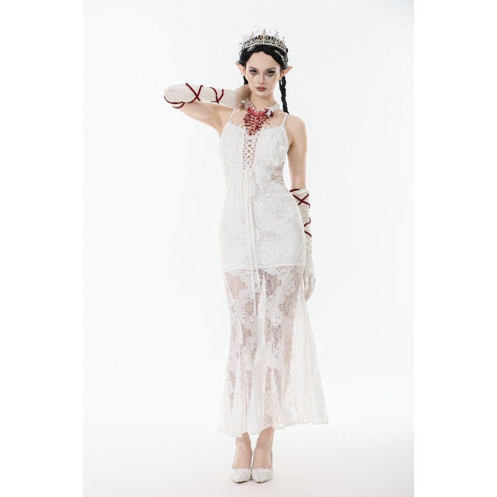 Darkinlove Women's Gothic Lace-up Lace Slip White Dress