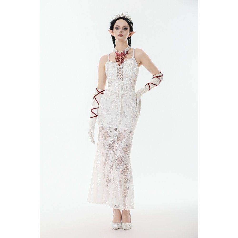 Darkinlove Women's Gothic Lace-up Lace Slip White Dress