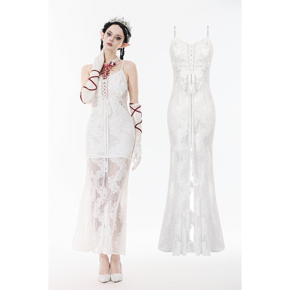 Darkinlove Women's Gothic Lace-up Lace Slip White Dress