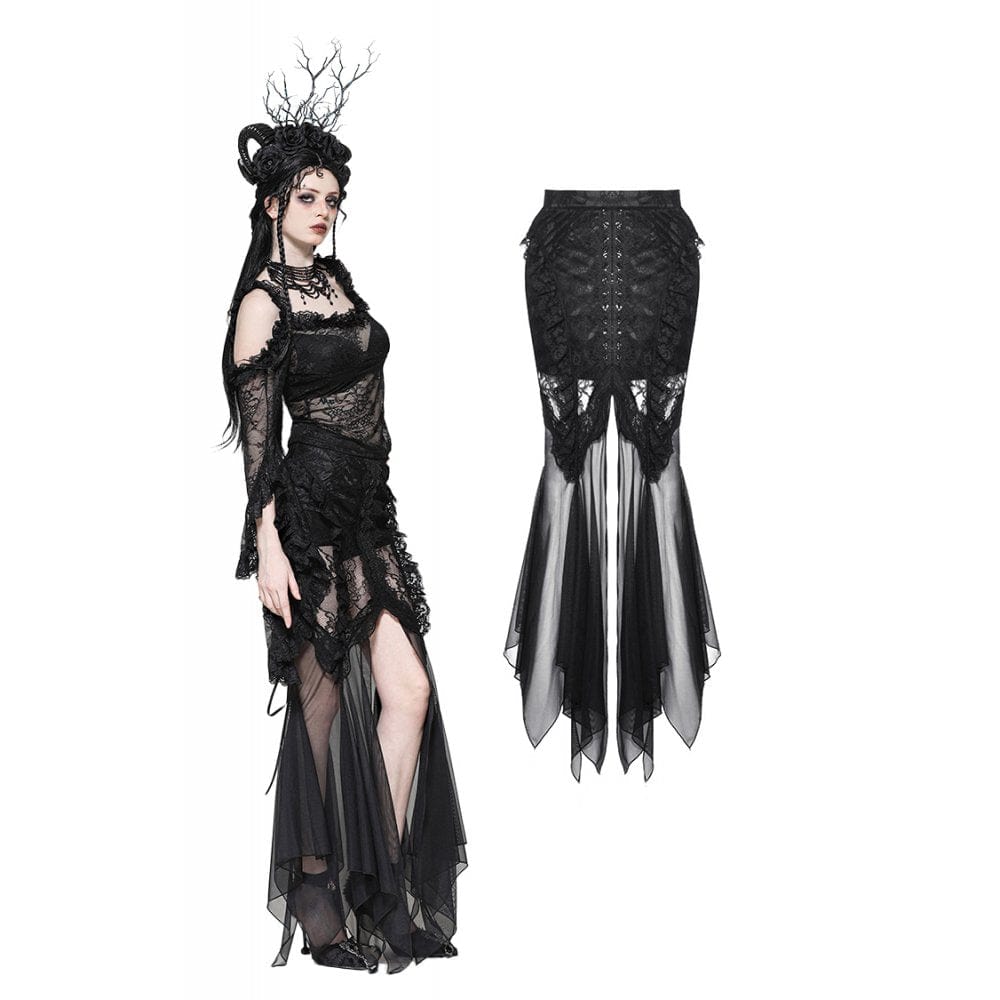 Darkinlove Women's Gothic Lace-up Mesh Splice Lace Fishtailed Skirt