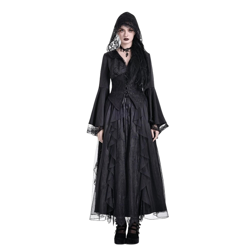 Darkinlove Women's Gothic Lace-up Plunging V-neck Lace Hood Flare Sleeve Blouse