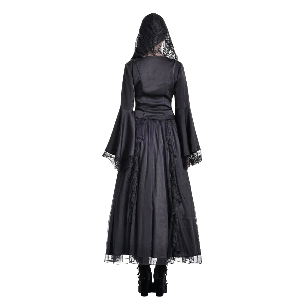 Darkinlove Women's Gothic Lace-up Plunging V-neck Lace Hood Flare Sleeve Blouse