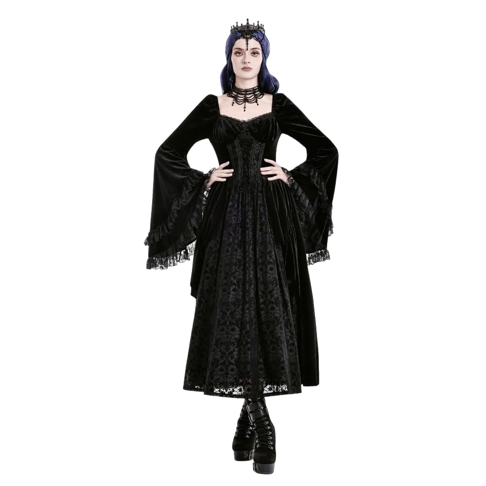 Darkinlove Women's Gothic Lace-up Ruffle Flare Sleeve Maxi Dress Black