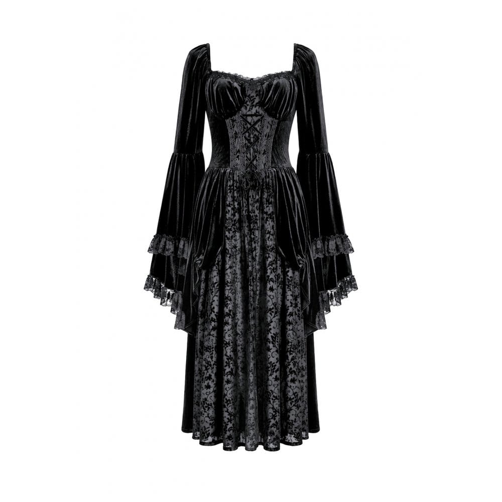 Darkinlove Women's Gothic Lace-up Ruffle Flare Sleeve Maxi Dress Black