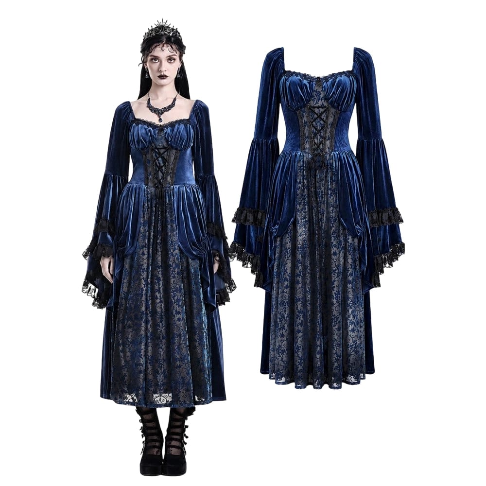 Darkinlove Women's Gothic Lace-up Ruffle Flare Sleeve Maxi Dress Blue