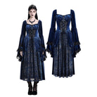 Darkinlove Women's Gothic Lace-up Ruffle Flare Sleeve Maxi Dress Blue