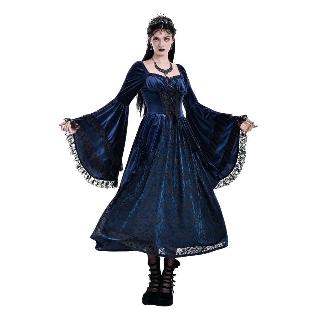 Darkinlove Women's Gothic Lace-up Ruffle Flare Sleeve Maxi Dress Blue