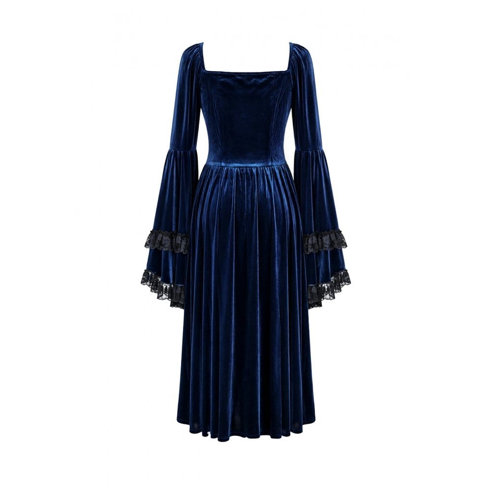 Darkinlove Women's Gothic Lace-up Ruffle Flare Sleeve Maxi Dress Blue